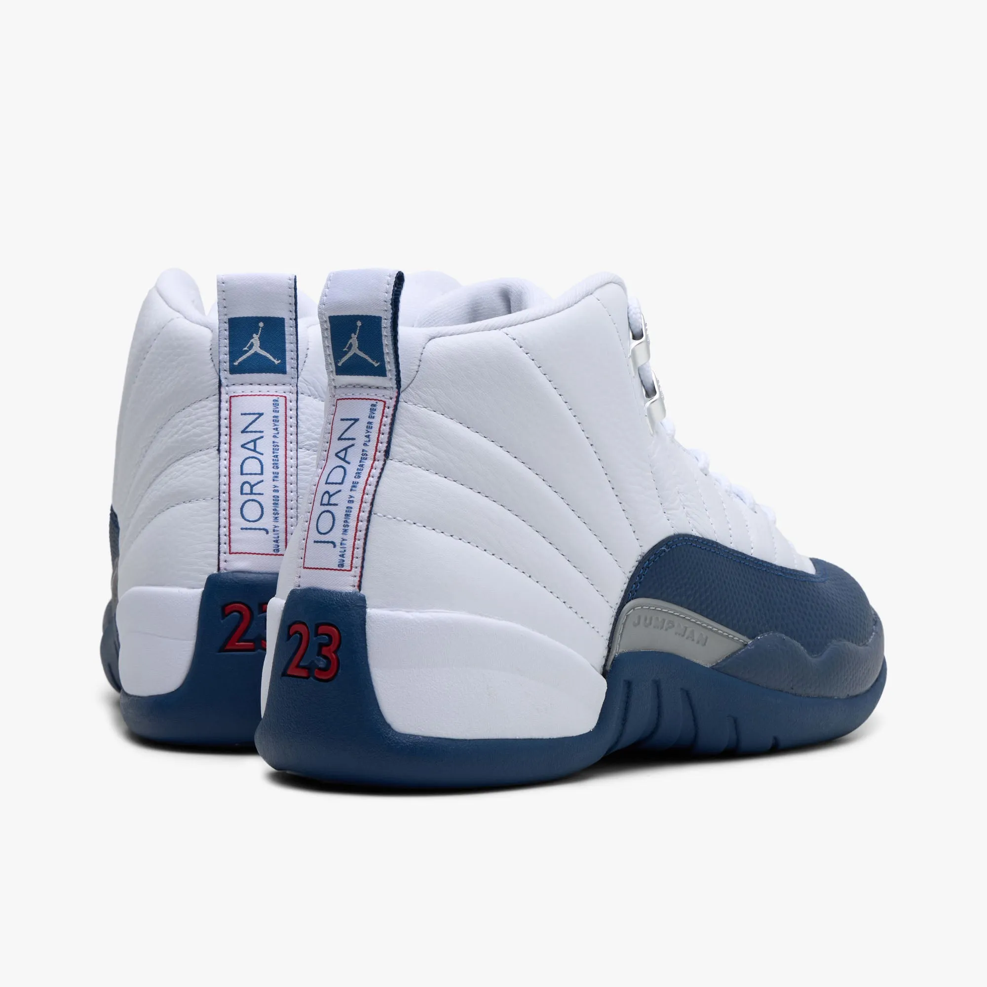 Jordan 12 Retro White / French Blue - Metallic Silver Noise Reducing Bold Design
