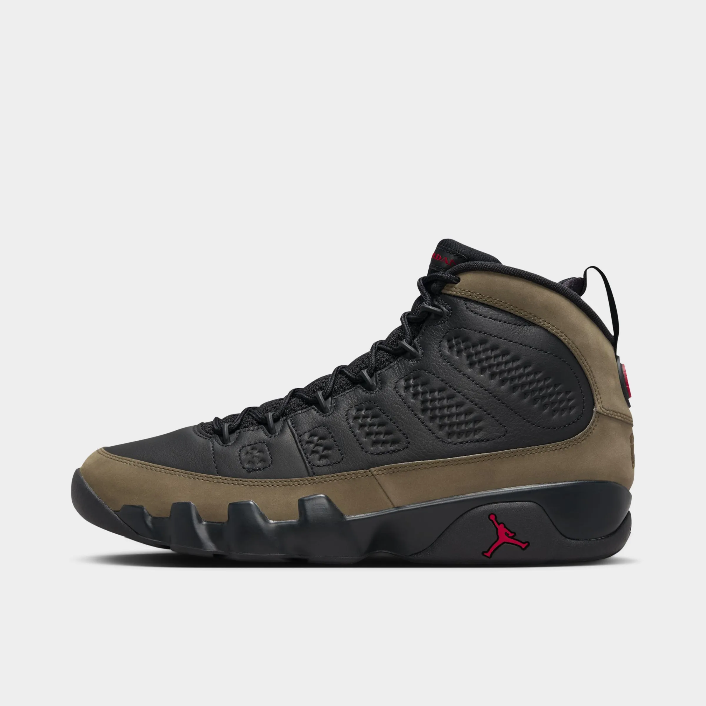 Quick Pivoting Secure Traction Jordan 9 Retro Black / True Red - Light Olive