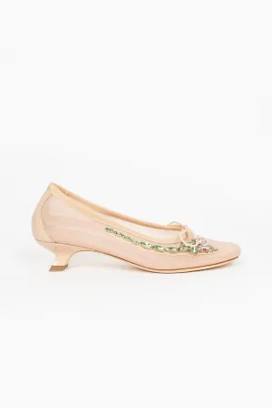 Mesh Embroidery Ballerina Heel Nude/Pink Cozy Interior Elastic Band