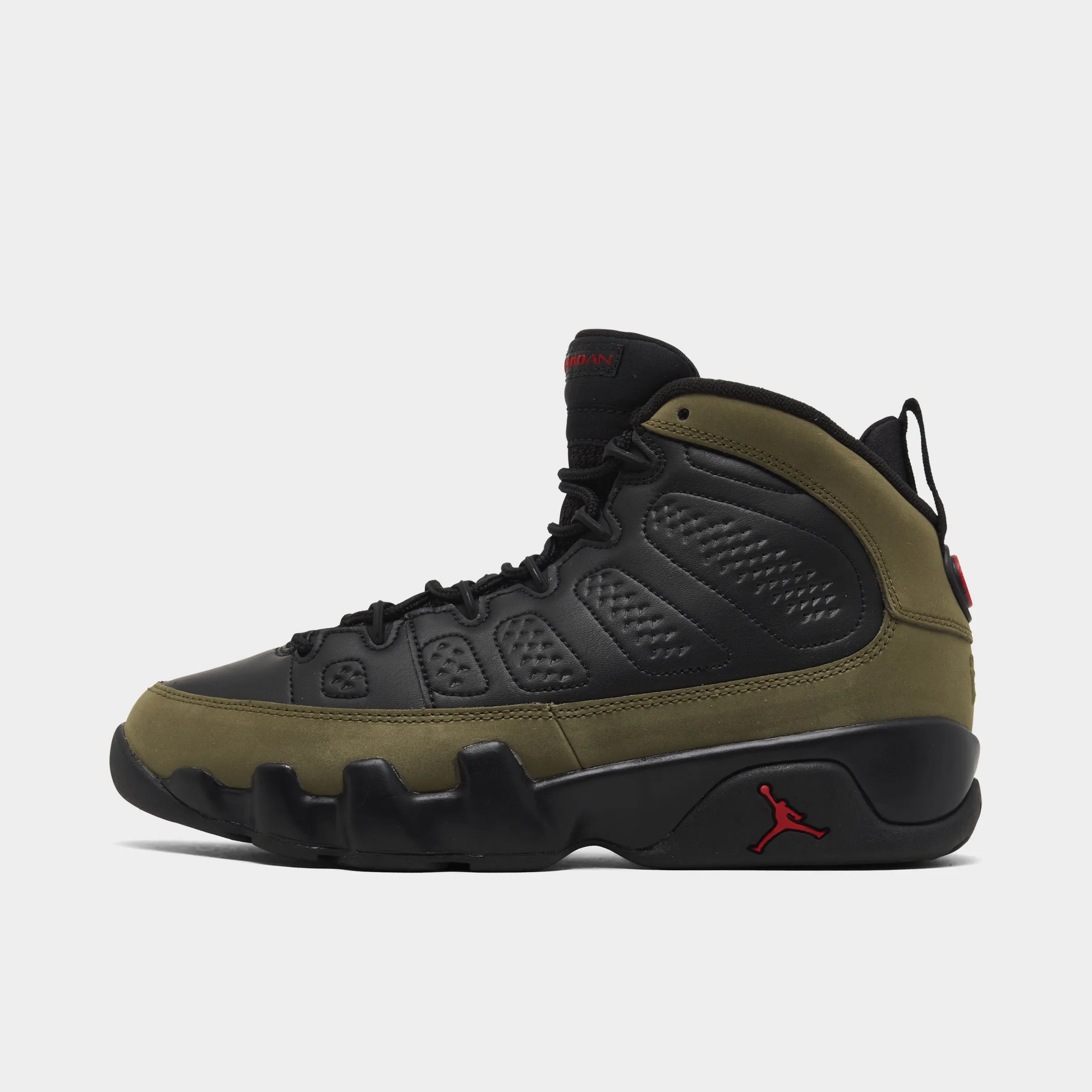 Jordan 9 Retro GS Black / True Red - Light Olive Wind Guard Adaptive Heel Lock
