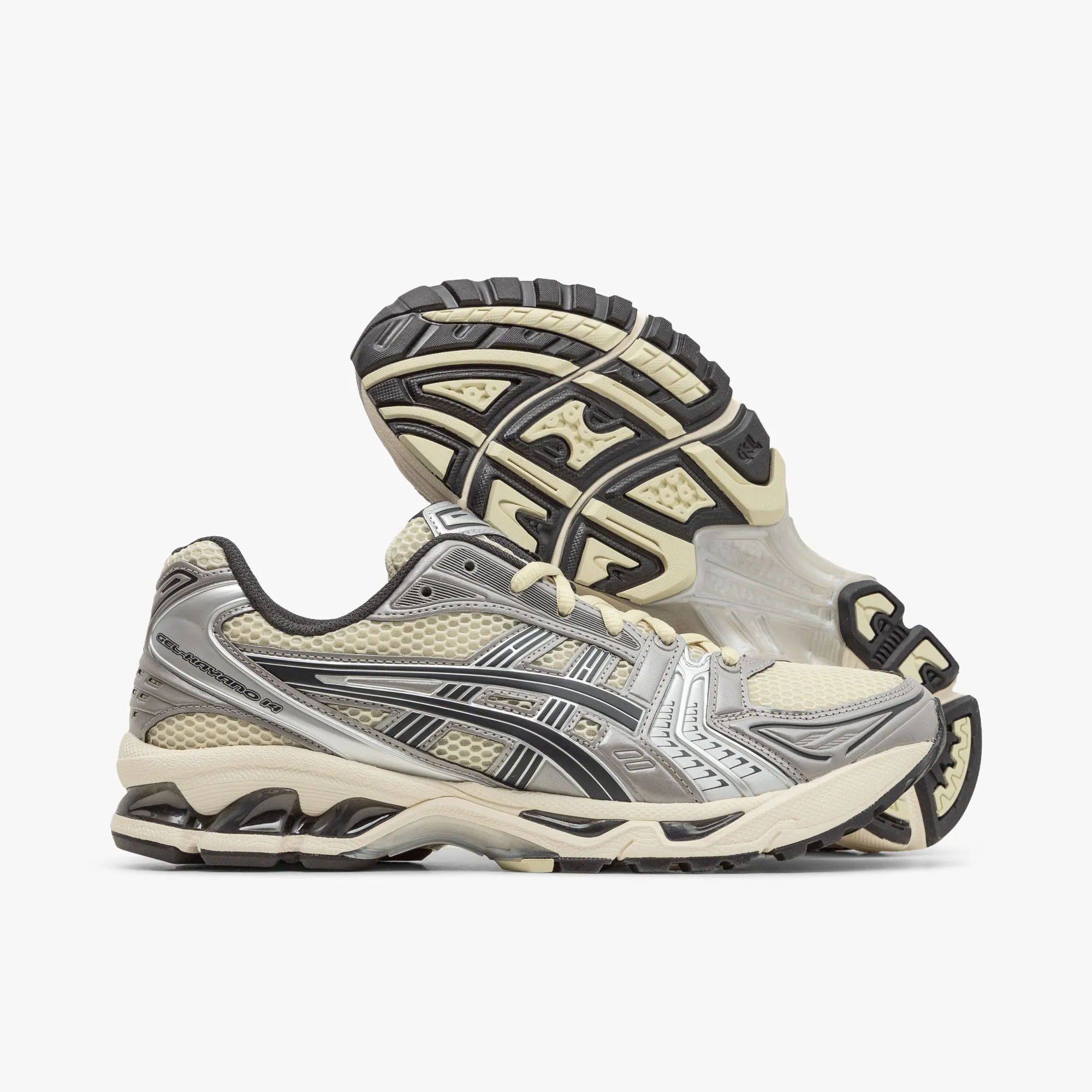 running in a kelp forest area shoes Lightweight Cushioning ASICS Gel-Kayano 14 Oyster White / Steeple Grey