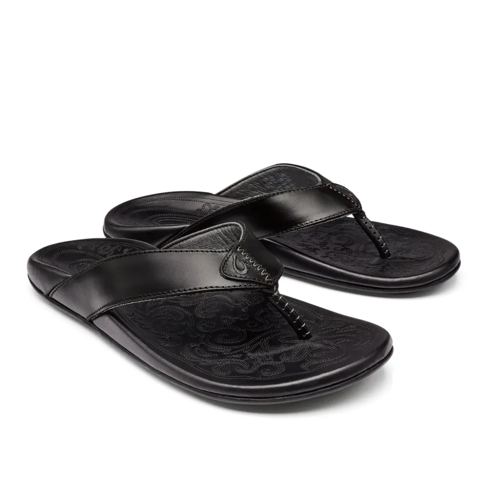 Olukai Mekila Leather Beach Sandals - 10488-4040 Black Minimalist Style Workout